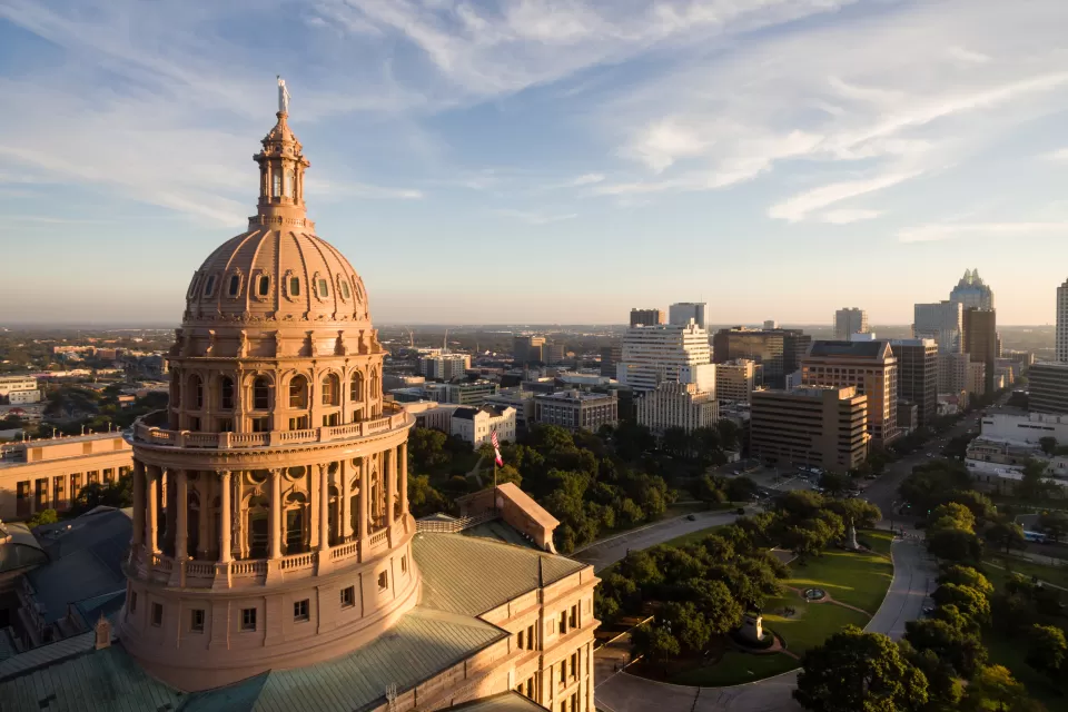 Aerial view from behind Texas State Capitol dome in Austin, Texas